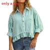 Womens Striped Blouse With Ruffle Hem And Print For Office Wear
