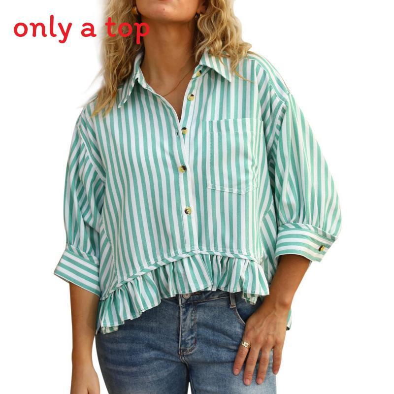 Womens Striped Blouse With Ruffle Hem And Print For Office Wear