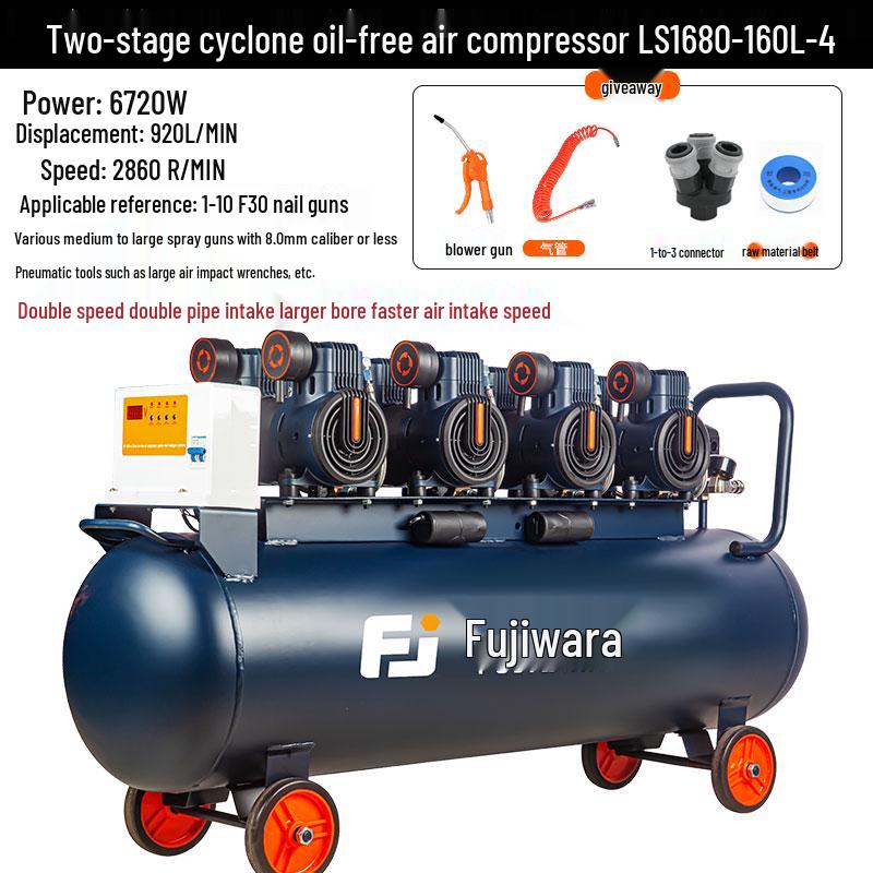 Silent Oil-Free Air Compressor for Woodworking and Auto Repair with High Displacement and Large Pressure Gauge.