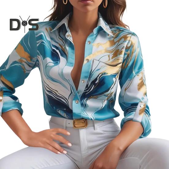

Женская рубашка с лацканами и длинным рукавом, однобортная рубашка с принтом, весна-осень, блузка в пригородном стиле S синий