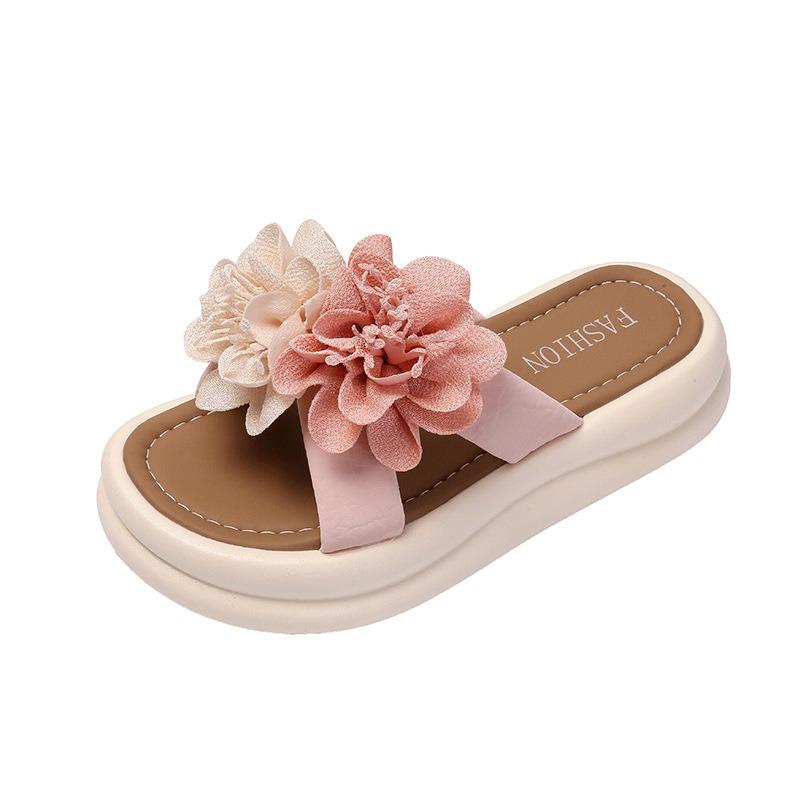 Summer New Double Flower Soft Belt Versatile Temperament Fashion Beach Wear Thick-soled Comfortable Slippers -