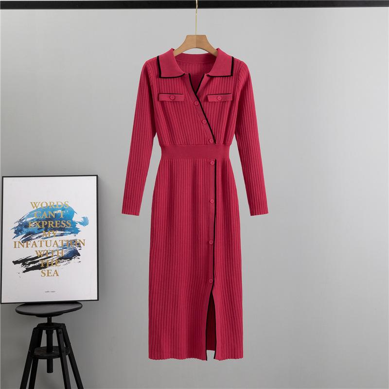 Svetrové šaty s dlouhým rukávem pro ženy Jarní Výstřih do V Žebrované Ležérní Formální Koktejlové Bodycon Maxi šaty Dámské Knoflíkové Slim Fit Elegantní Pletené šaty