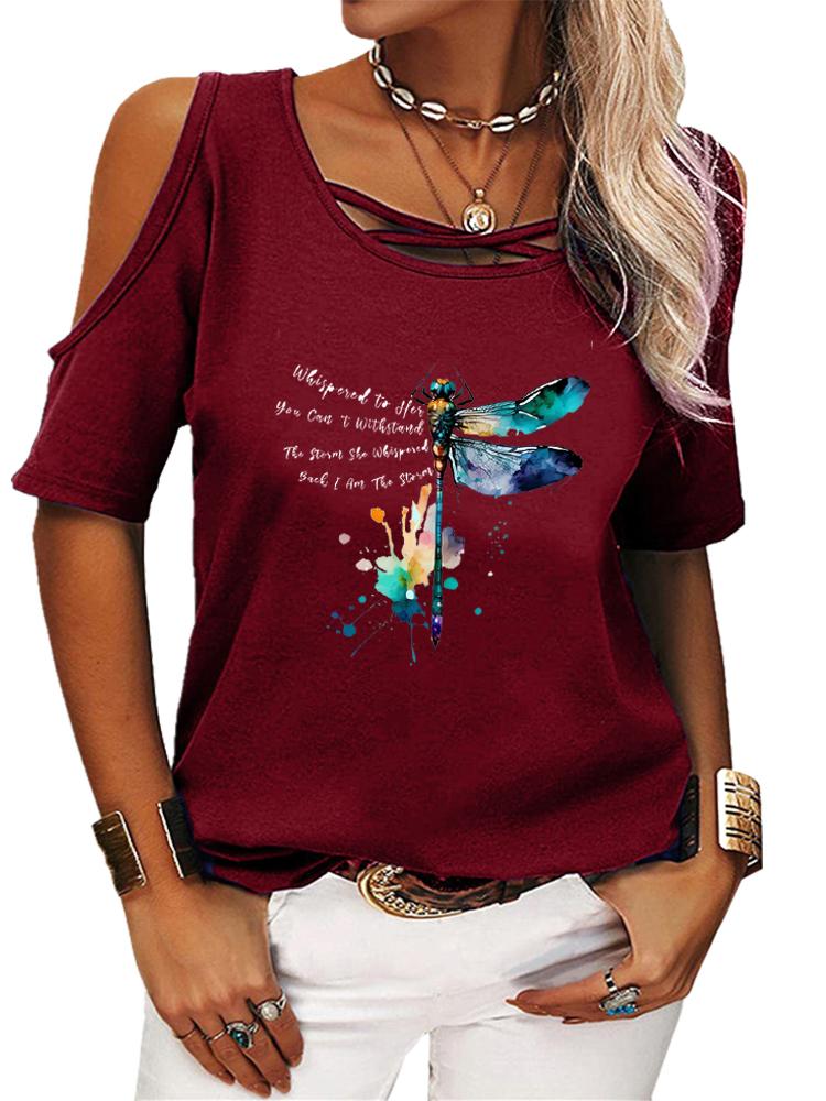 Damski Modny T-shirt z Krótkim Rękawem Casualowy Okrągły Dekolt Letnia Koszulka z Nadrukiem Top Odkryty z Ramion