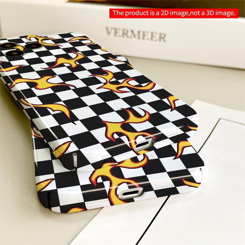 2DFlat Flames on Checkerboard All inclusive film hard iPhone case, compatible with iPhone 18 Pro Max 17 16 15 14 13 12 11