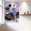 Sexy Blonde Woman with Tank Tin Sign Vintage Metal Poster, Light Blue Dress & Black Sandals, Aged Tank Background, for Home Cafe