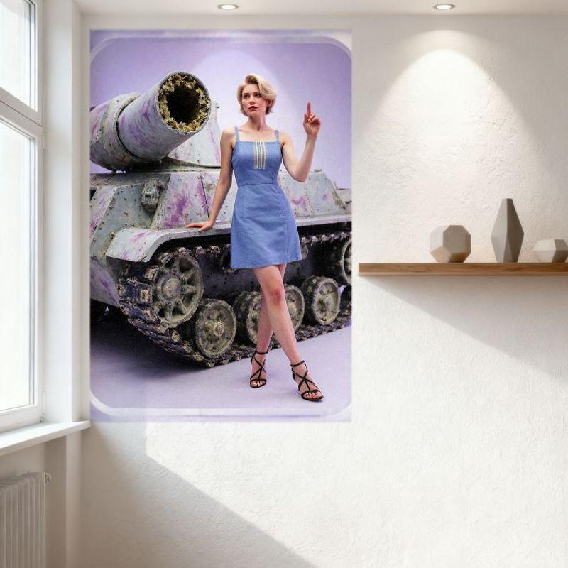 Sexy Blonde Woman with Tank Tin Sign Vintage Metal Poster, Light Blue Dress & Black Sandals, Aged Tank Background, for Home Cafe