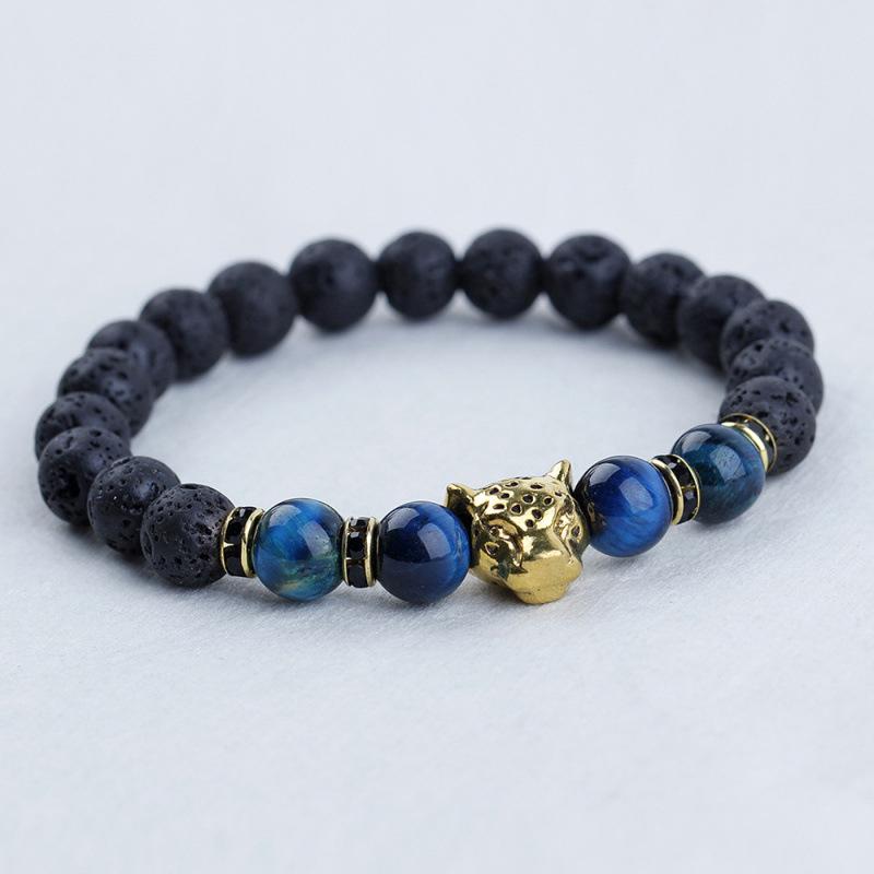 8mm Beaded Bracelet with Lion and Leopard Heads, Natural Volcanic Stone & Malachite on Elastic Cord