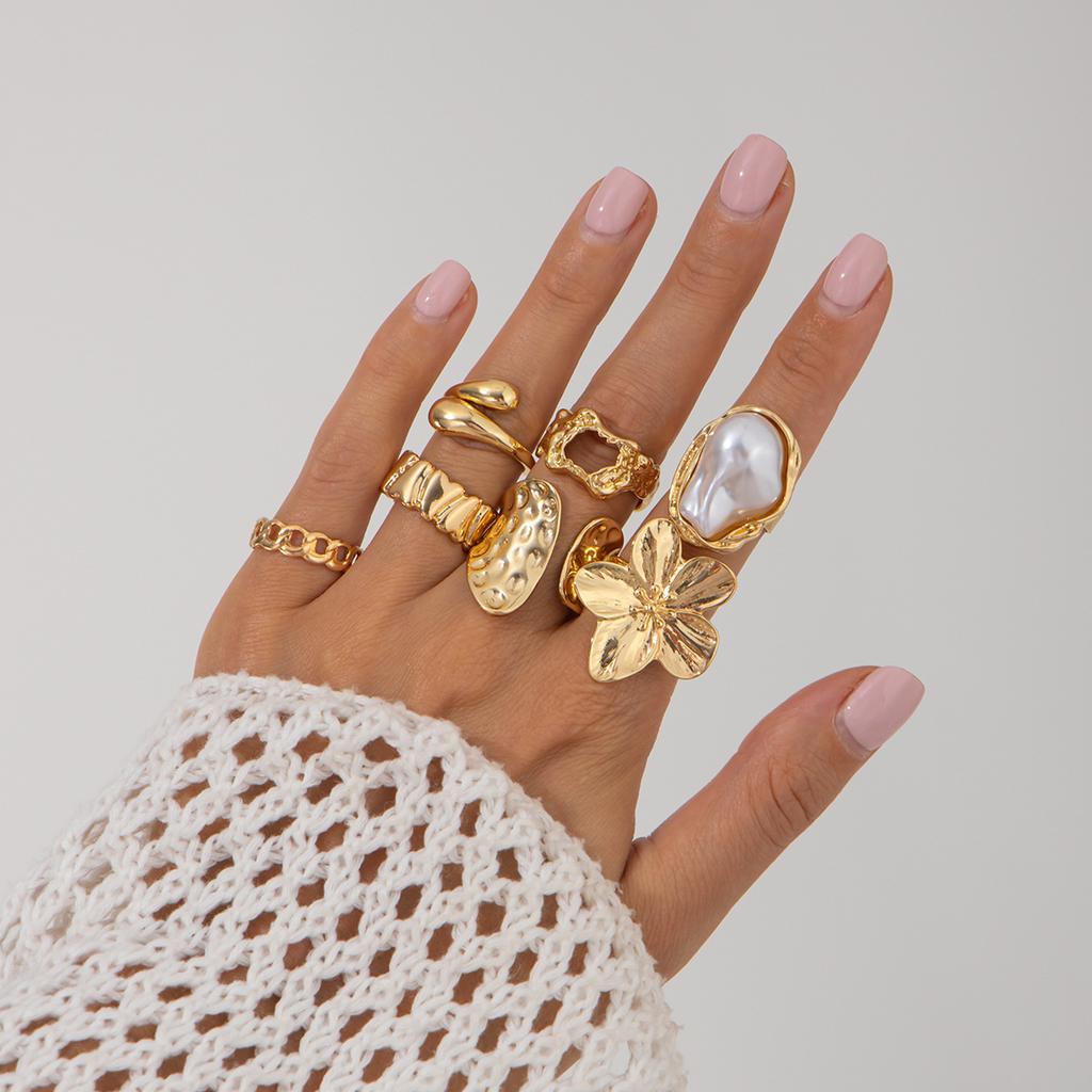 Koude Wind Onregelmatige Edelsteen Ringenset Vrouwelijk, Gepersonaliseerde Metalen Textuur Ring Ringen