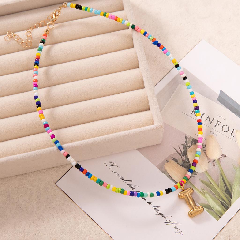Bubble Alphabet Colored Rice Beads Handmade Beaded Delicate Beach Bohemian Necklace Collarbone Chain