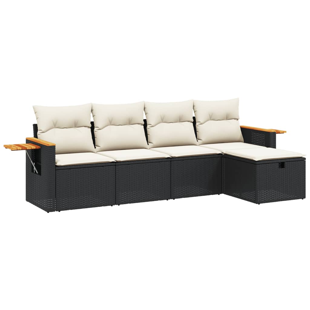 5 Piece Outdoor Sofa Set with Cushions Black Poly Rattan