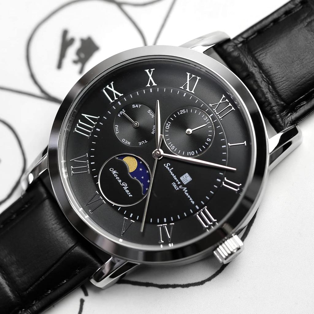 Salvatore Marra Moon Phase 5 ATM Water Leather Limited Men's Multi-Calendar Watch, Resistant, Strap, Edition, Silver/Black, SM21106-SSBK