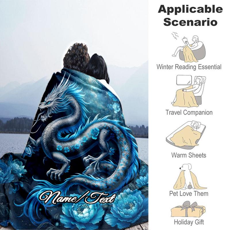 1PC Custom Name Blue Dragon Fantasy outdooor Flannel blankets Throw Blanket All-Season Throw Gift Bedspread for Couch, Bed, Camping Holiday Birthday g