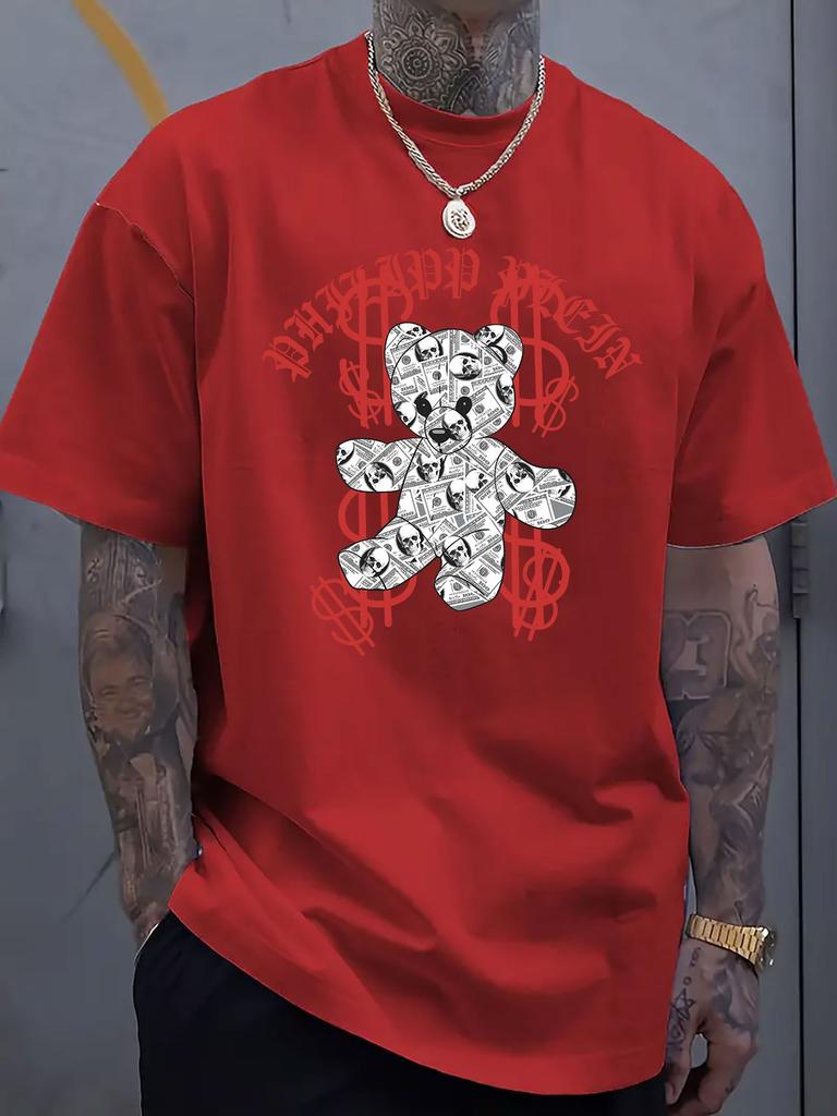 Trendy Bear Graphic Printed Short Sleeved Luxury Cotton T-shirt for Summer Unisex Men and Women, Casual Loose Fashion Trendy