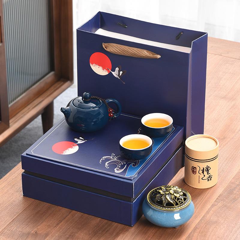Black Pottery Kung Fu Tea Set Coarse Pottery Tea Set Company Gift Set One Pot and Four Cups with Fragrant Gift