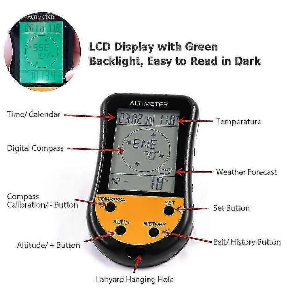 Electronic Digital Altimeter 8 in 1 Multifunction LCD Backlight Mini Altimeter Barometer Compass Thermometer Weather Forecast Clock Calendar for Outd