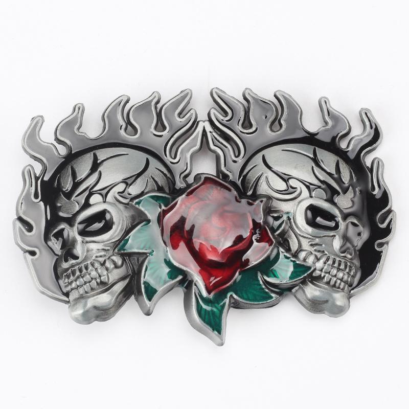 Drop shipping Flame Skull Rose Flower Pattern Buckle Fashion Belt Double Skull Head Heavy Metal Rock style