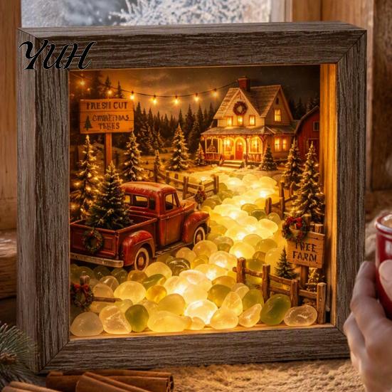 Christmas Desktop Night Light Sea Glass Shadow Box Light, 3D Winter Snow Scene Wooden Cozy Atmosphere Lamp Art Frame with LED Warm Glow, Landscape