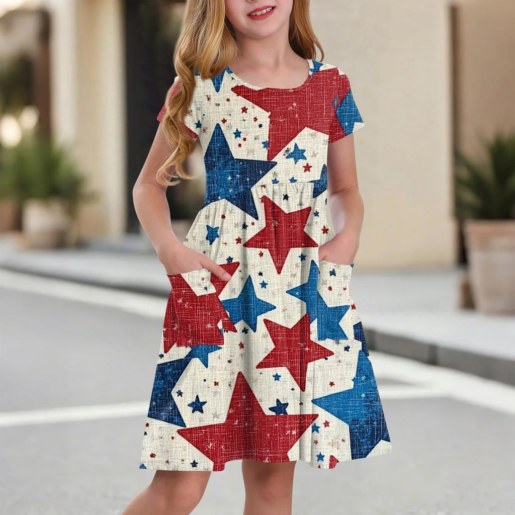 Kinder Rundhals Kurzarm Prinzessinnenkleid Modisch Und Lässig Tasche Mädchen Unabhängigkeitstag Kleid