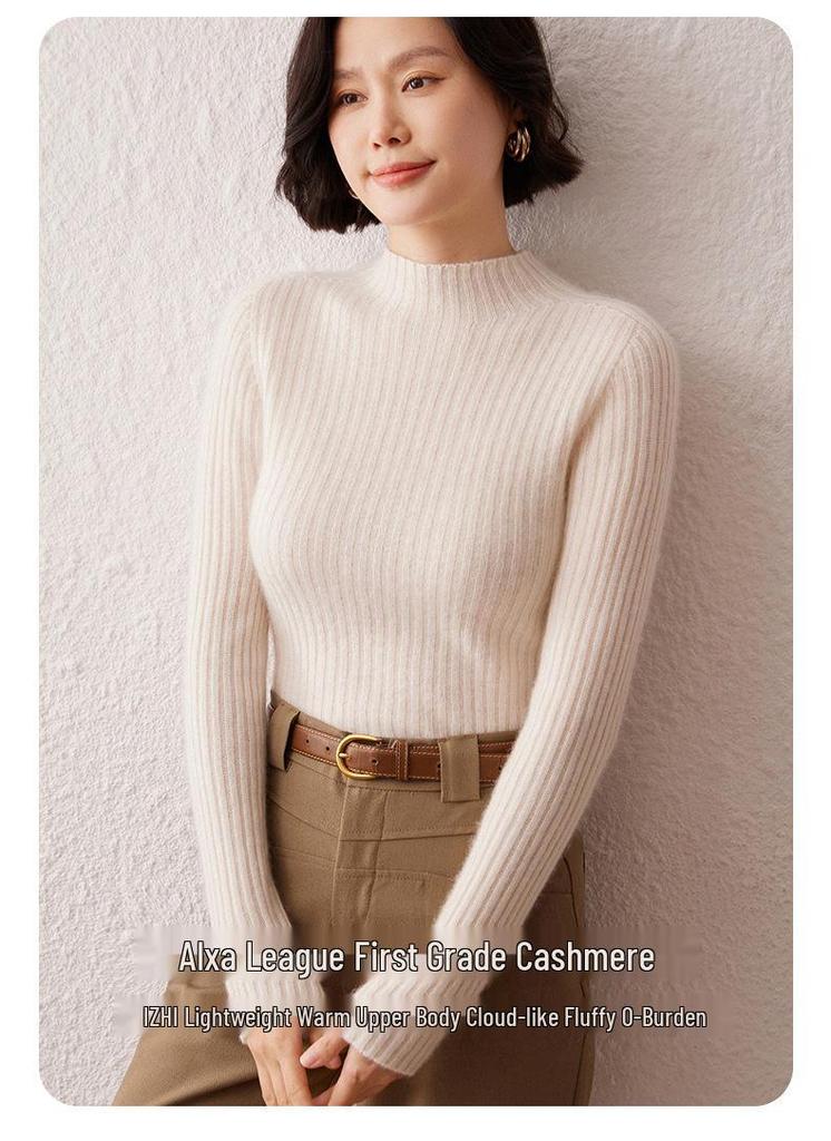 Cashmere Ribbed Slim-Fit Sweater: Warm, Thick Half-High Collar Knitwear for Autumn & Winter