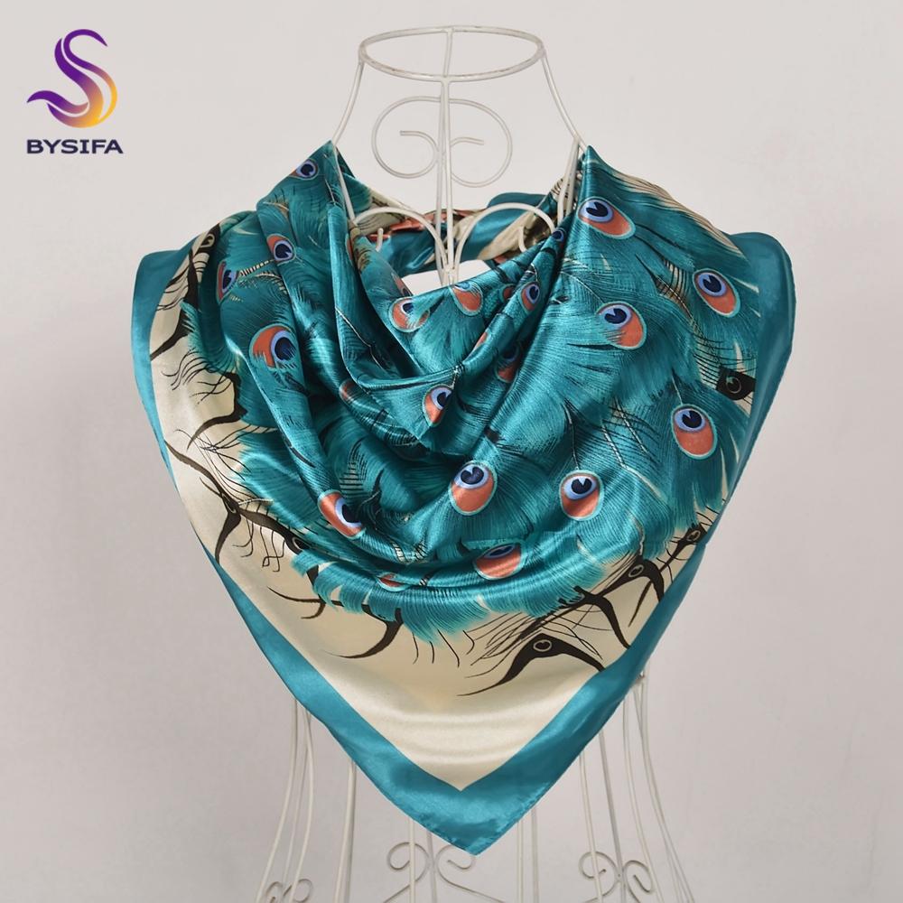 [BYSIFA] Women Silk Scarf Shawl Printed Chinese Rose Navy Blue Red Square Scarves 90*90cm Fashion Accessories Headscarves Hijabs