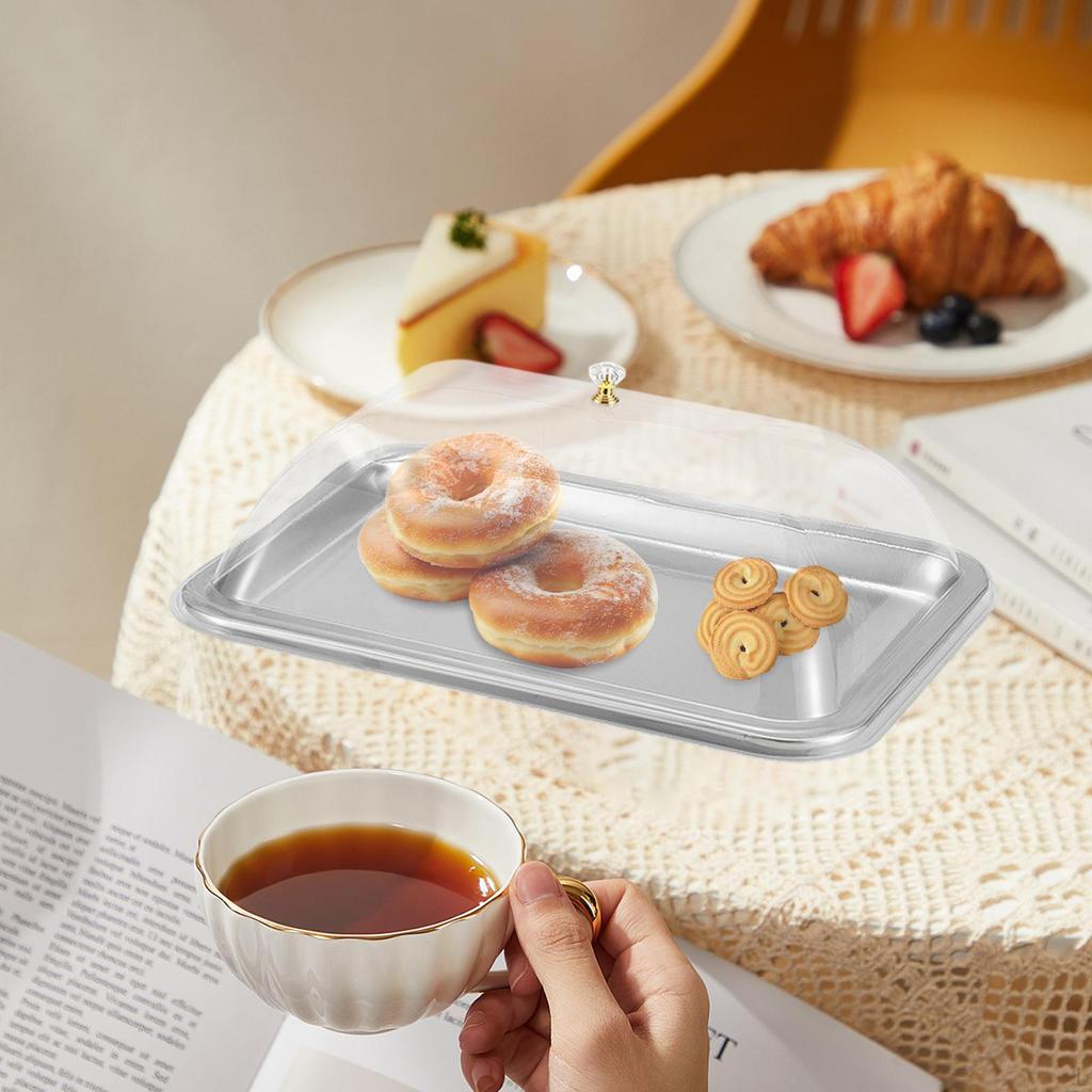304 Stainless Steel Serving Tray with Dome Lid Food Rectangular Platter for