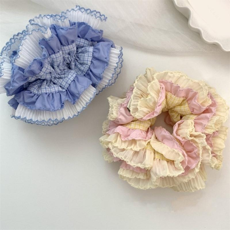 Aesthetic Scrunchies Elastic Multilayer Lace Hair Rope Wedding Party Beach Headwear Big Buns Hair Elastic Check Hairtie