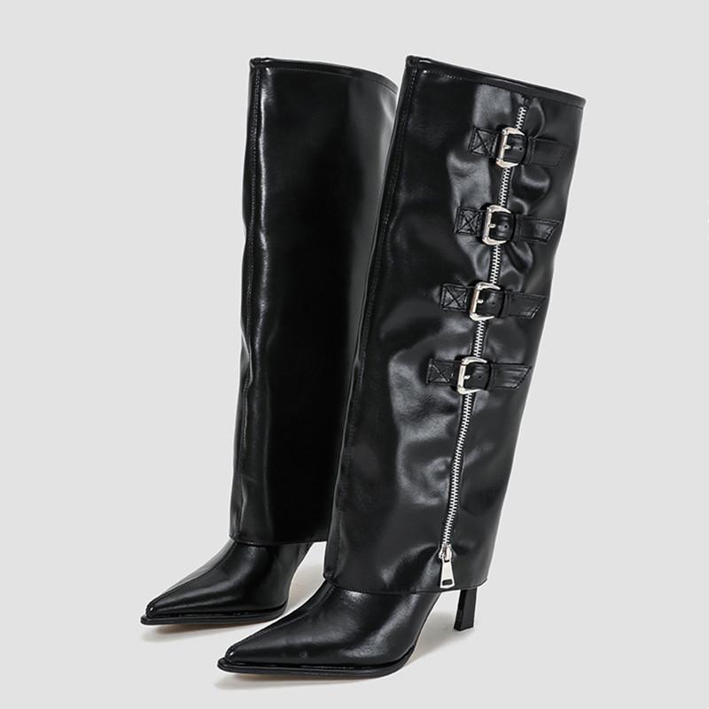 

Fashion Runway style Fashion Patent Leather Belt Metal Buckle Women Motorcycle Knee-High Boots Autumn Winter High Heels Long Boots Shoes 35