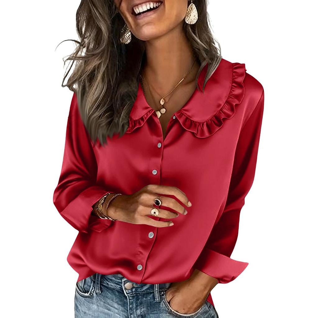 Womens Silk Satin Tops Ruffle Lapel Collar Button Down Shirts Casual Long Sleeve Business Dressy Luxury Clothes