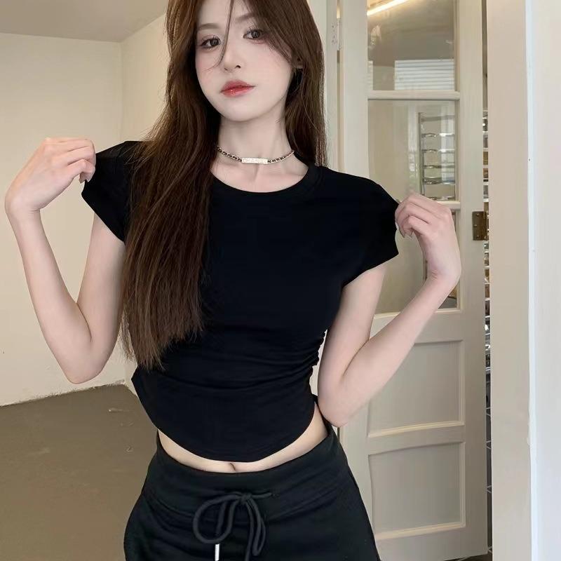 Women Slim Fit Cropped Short Sleeve Crew Neck Casual Solid T Shirt