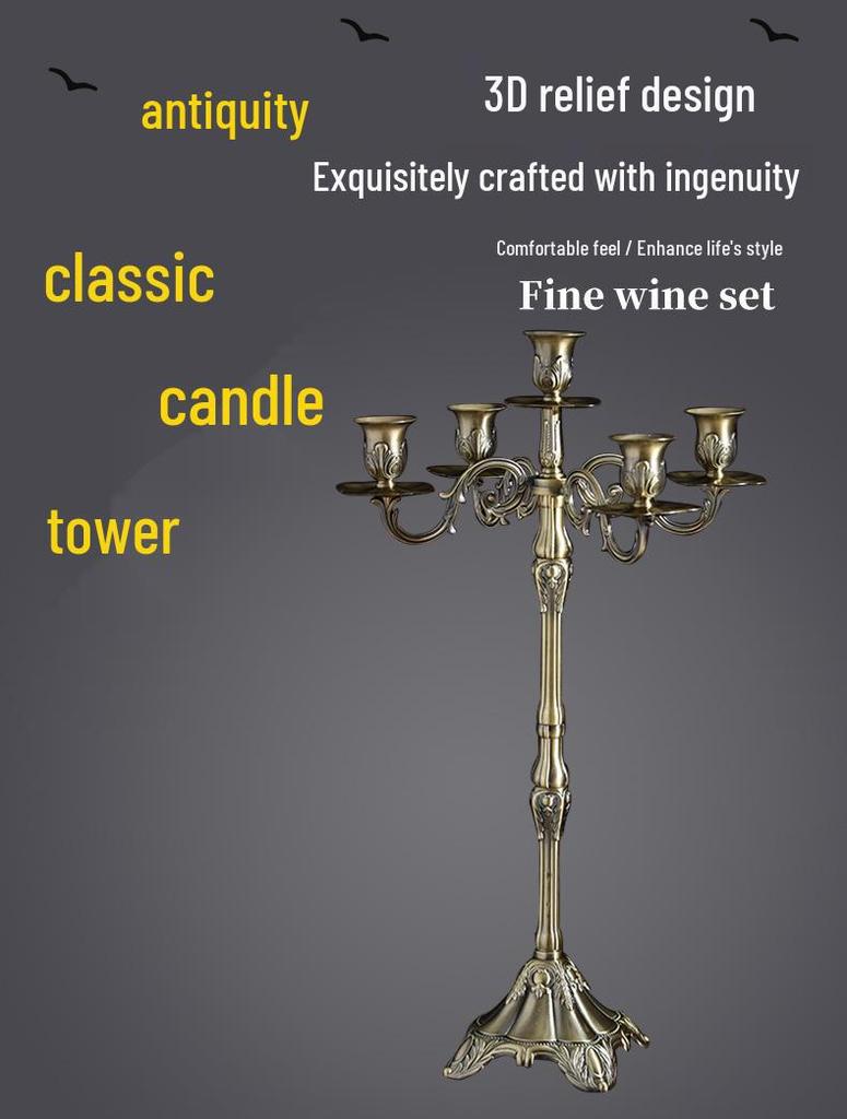 Bronze Retro Metal Candlestick with Three and Five Heads for Hotel, Wedding, or Restaurant Candlelight Dinners.