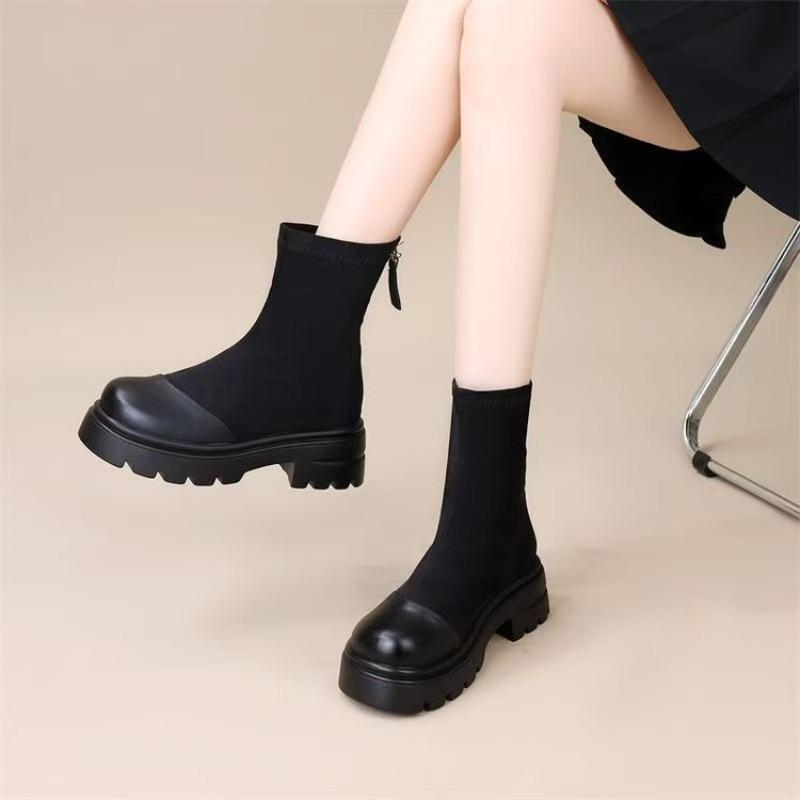 Retro thick heel elastic thin short boots women's winter new heightened velvet rear zipper Martin boots