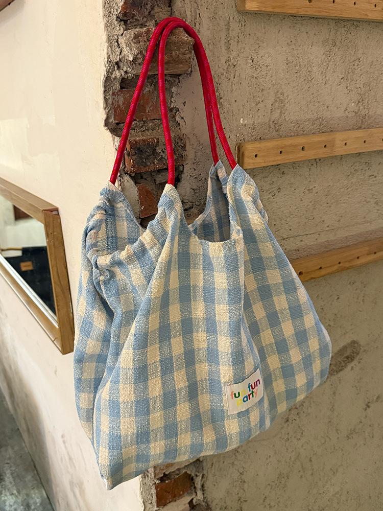 Korean lazy style canvas bag new plaid large-capacity commuting shoulder tote bag niche versatile handbag