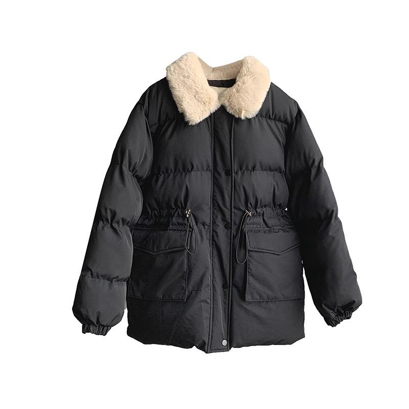 Women Autumn Winter Imitation Rabbit Hair Slim Cotton Coat Lapel Neck Solid Color Drawstring Padded Jacket