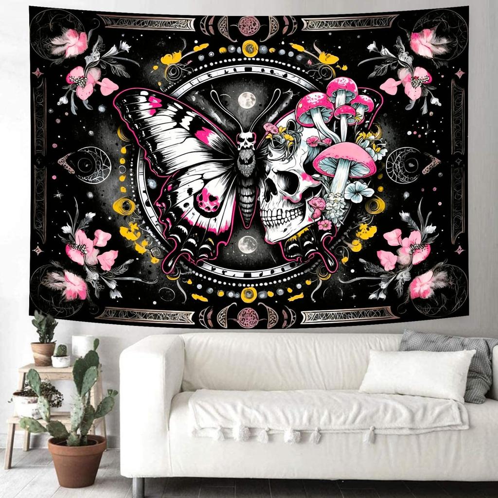 Skeleton Butterfly Tapestry Pink Goth Skull Hippie Mushroom Plants Floral Boho Tapestry Fantasy Abstract Moon Phase Flower