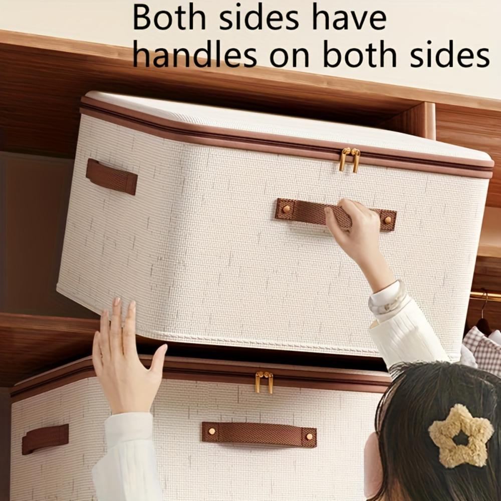 Foldable Linen Storage Box with Double Zippers and Faux Leather Handle, Large Capacity Under-Bed Storage Basket with Lid