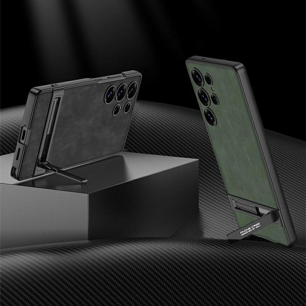 

For Samsung Galaxy S25 Ultra Case Matte Leather Coated PC Slim Phone Cover with Kickstand Matte Green