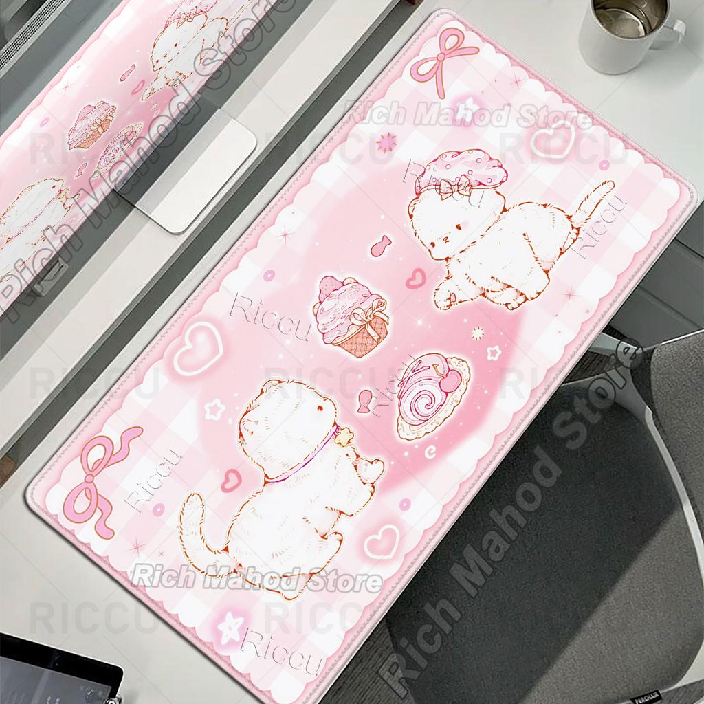 Rosa Kawaii Katze Mauspads Schreibtischteppich Niedliche Mauspads XXL Große Mauspads Genähte Kante Tischdecke Original Spielmatten Hohe Qualität