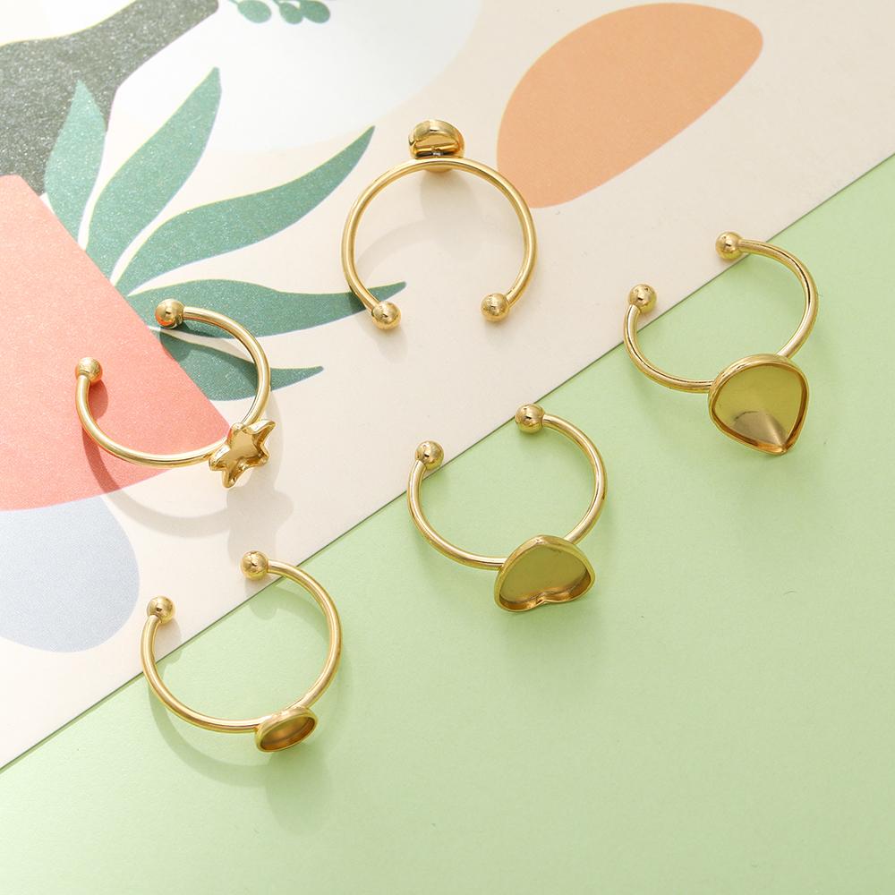 5pcs Gold Color Stainless Steel Open Ring Cabochon Cameo Blank Tray Base Settings for DIY Rings Jewelry Making Findings Supplies