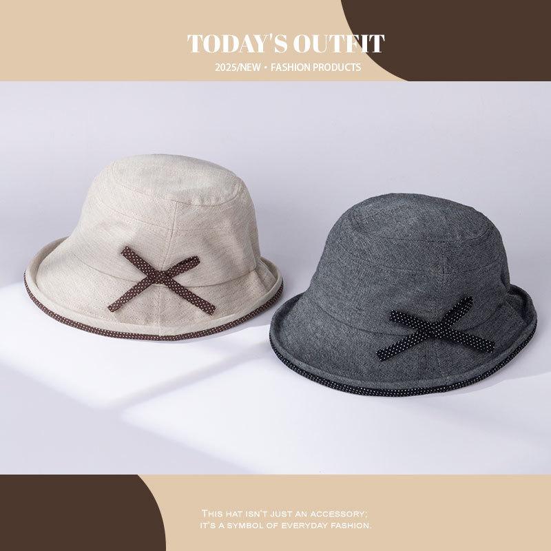 Nowy japoński i koreański kapelusz przeciwsłoneczny w kropki z kokardką i zawiniętym brzegiem, oddychający kapelusz chroniący przed słońcem, vintage kapelusz typu 'basin'