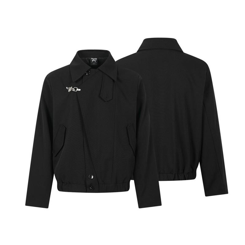 Mens Vintage American Preppy Style Box Cut Bomber Jacket With Metal Snap Notched Lapel