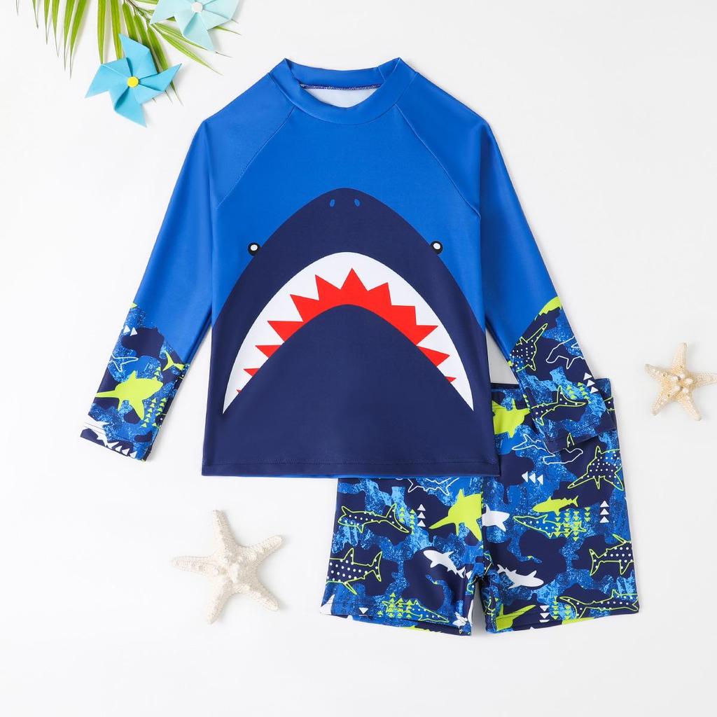2025 Boys' Shark Print Long Sleeve Two-Piece Swimsuit Set
