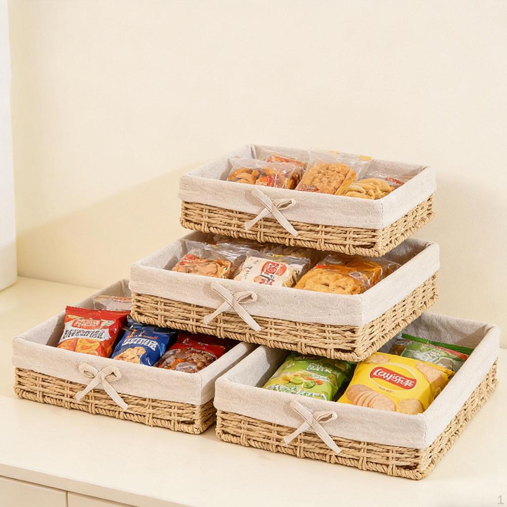 4 Pieces Woven Baskets Paper Rope Shelf Storage Bin Countertop Desktop Sundries Organizer Cosmetic