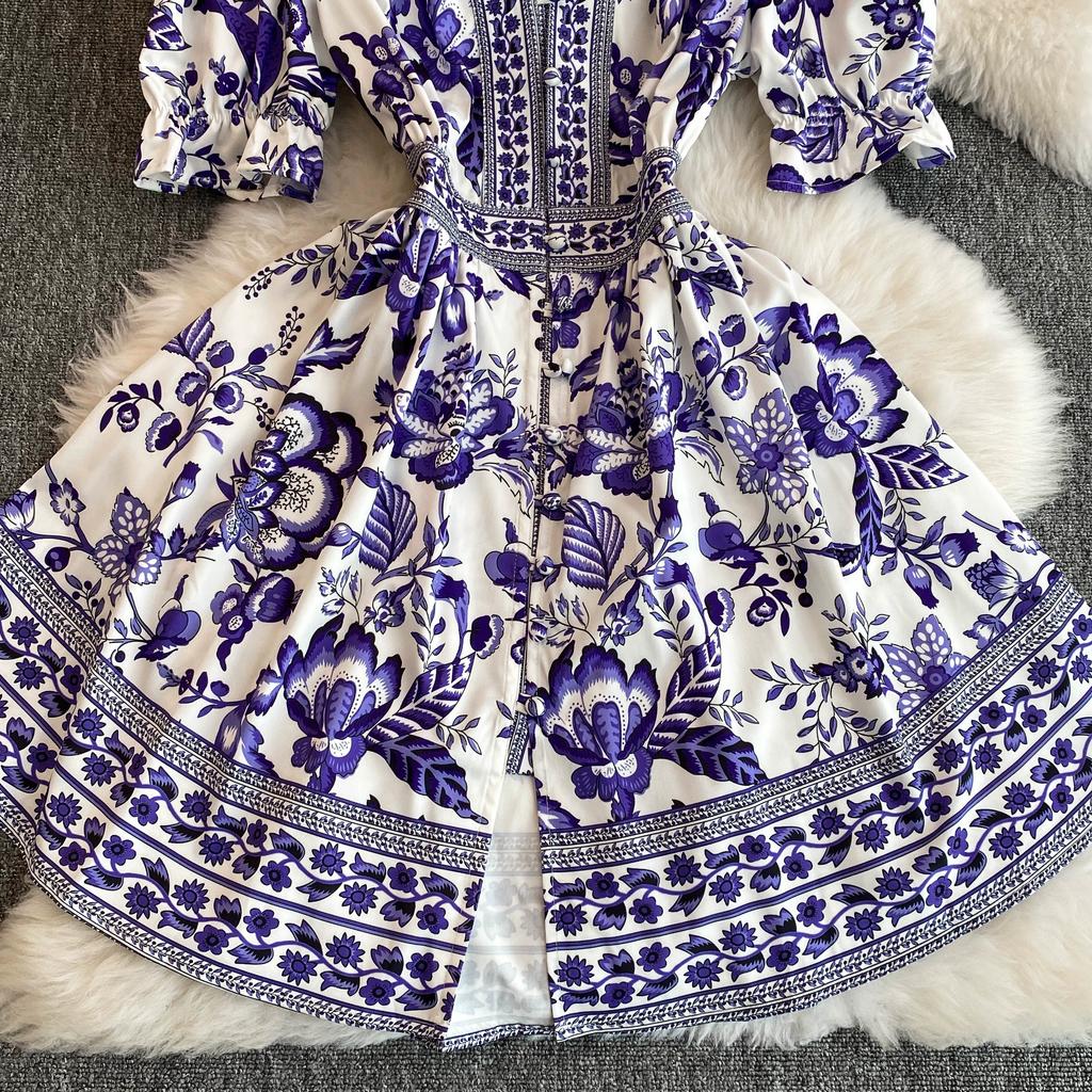 Summer Women Designer Vintage Print Runway Dress Elegant V-neck Single Breasted Party Dresses