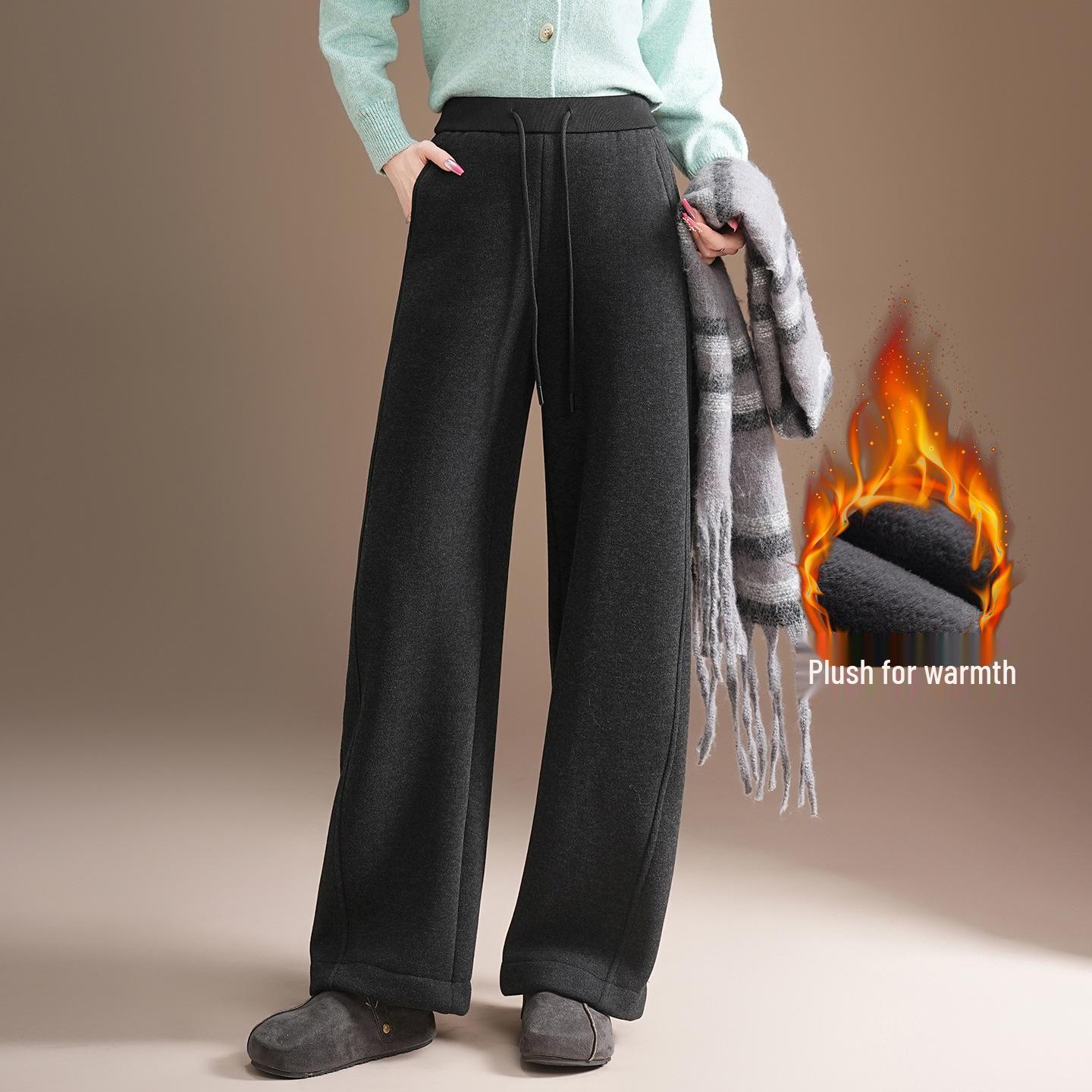 Cozy Fleece Wool Straight-Leg Winter Trousers 2025 - Stylish Drapey Wide-Leg Fit 31 темно-серого
