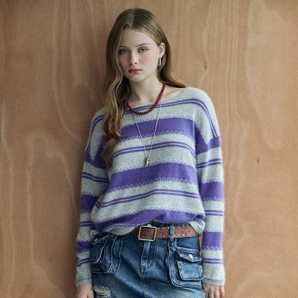 Maxza Zigzag Stitch Stripe Wool Blend Round Neck Knit Zf12qk001na