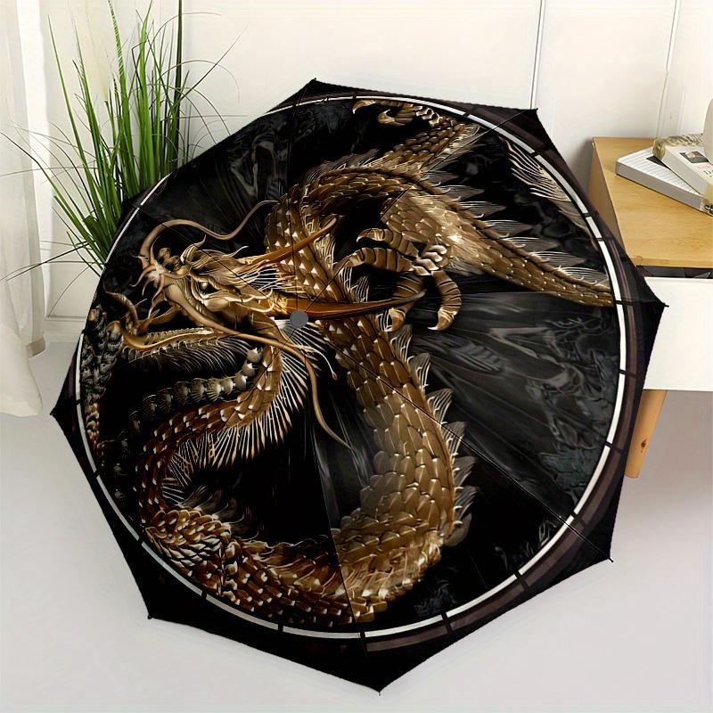 Golden Dragon Wall Clock, Decorative Circular Timepiece with Mythical Creature Design Umbrella, Cute Umbrella with Cute Design, Portable 3-Fold Compac