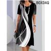 Vintage Elegantes Damenkleid Sommer Kurzarm Rundhalsausschnitt Lässig A-Linie Kleid Schwarz Weiß Farbverlauf 3D Digitaldruck Kleid