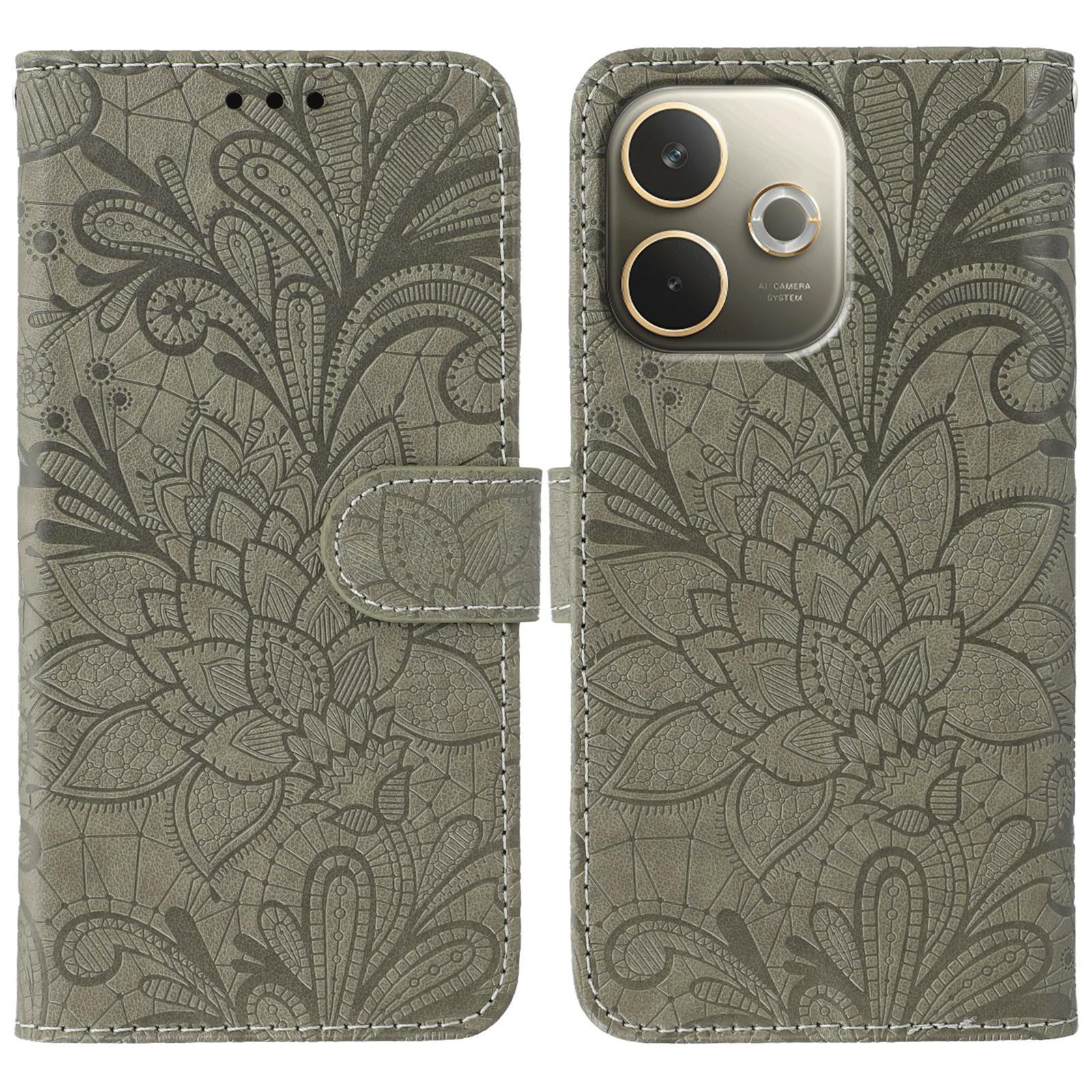 

Phone Case For Oppo A5 Pro 5G (Global)/4G (Global)/A5 Energy 5G (China) ,Lace Flowers PU Leather Flip Wallet Cover with Wrist Strap Grey