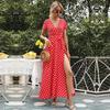 Summer Fall Polka Dot Print Split Long Dress Women Casual V-neck Short Sleeve High Waist Bandage Belt S-XXL