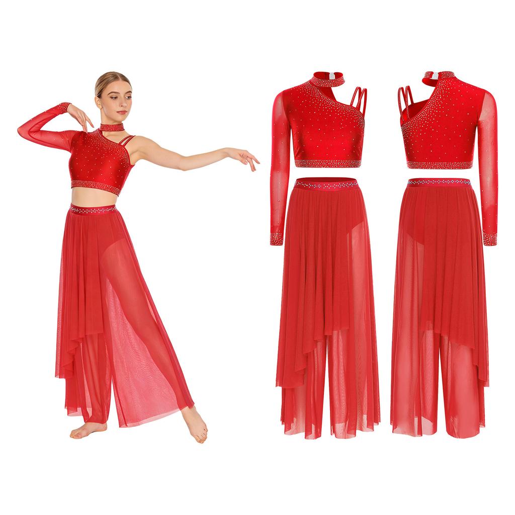Damen Lyrisches Tanz Performance Set S-XXL: Asymmetrisches Crop-Top mit einem Ärmel, Strasssteinen & locker sitzende Überwurfhose